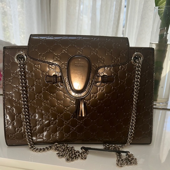 Gucci Handbags - Gucci Brown Embossed Leather Shoulder Bag with Chain Strap